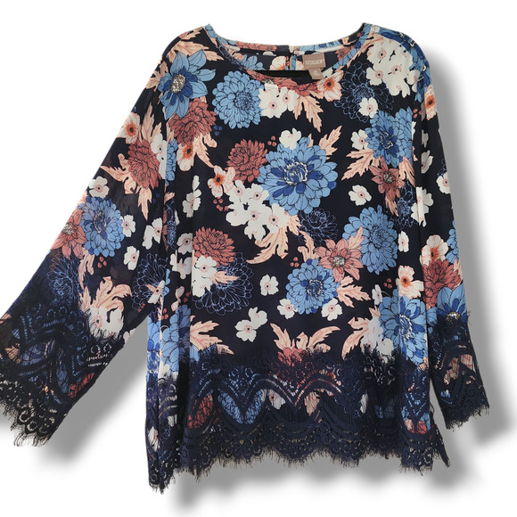 Chico's floral Boho Top plus size XXL blue pink lace trim Bohemian casual white - Picture 1 of 9